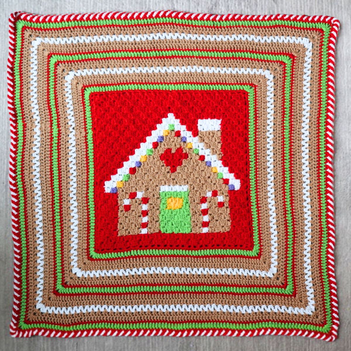 Red Heart Gingerbread House Blanket Pattern | one shade of Bernat, holiday