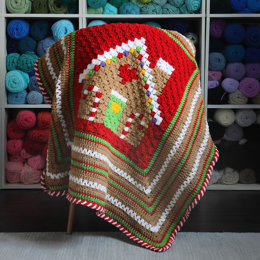 Red Heart Gingerbread House Blanket Pattern | one shade of Bernat, holiday