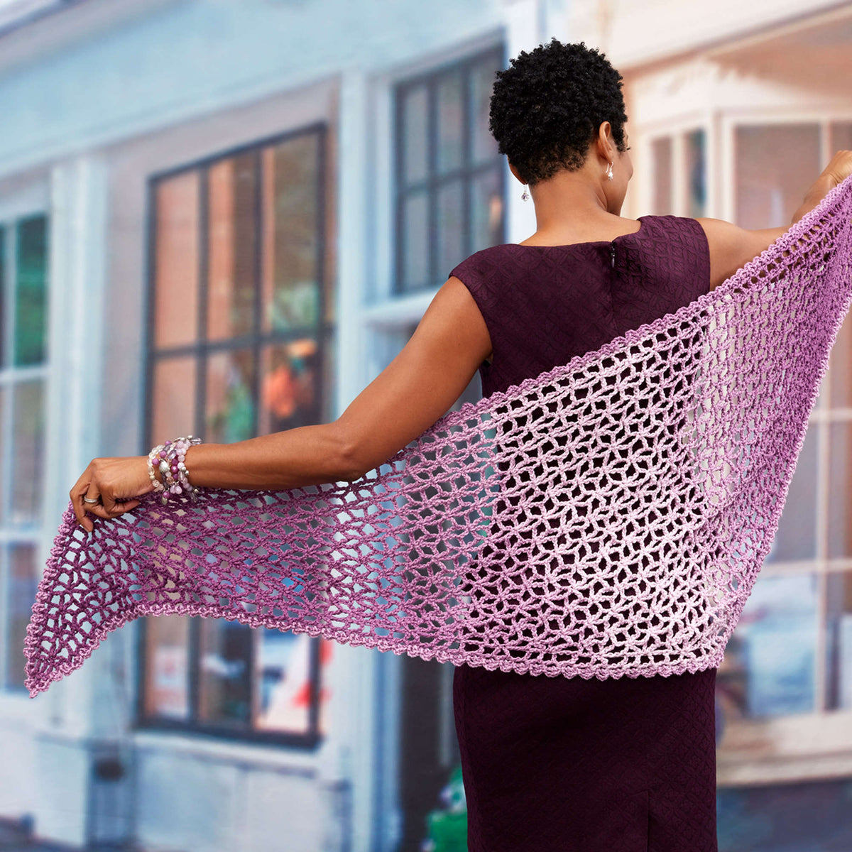Red Heart Lacy Isosceles Crochet Shawl Pattern | lace, gift, shades