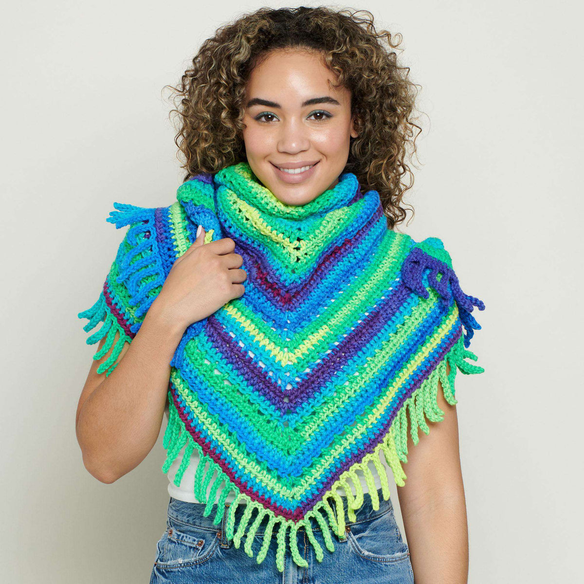 Red Heart Crochet Fringe Shawl Pattern | gift, stripes, shades