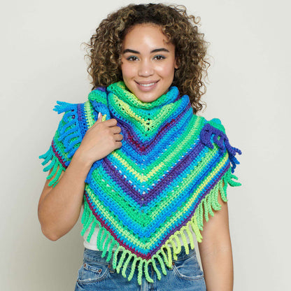 Red Heart Crochet Fringe Shawl Pattern | gift, stripes, shades