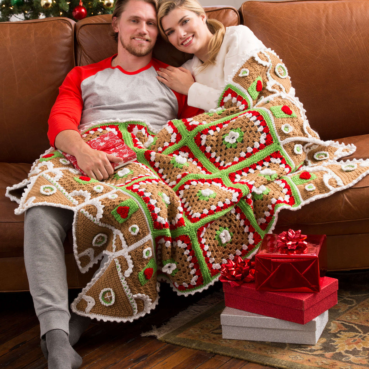 Red Heart Crochet Gingerbread House Throw Pattern | granny squares, shades