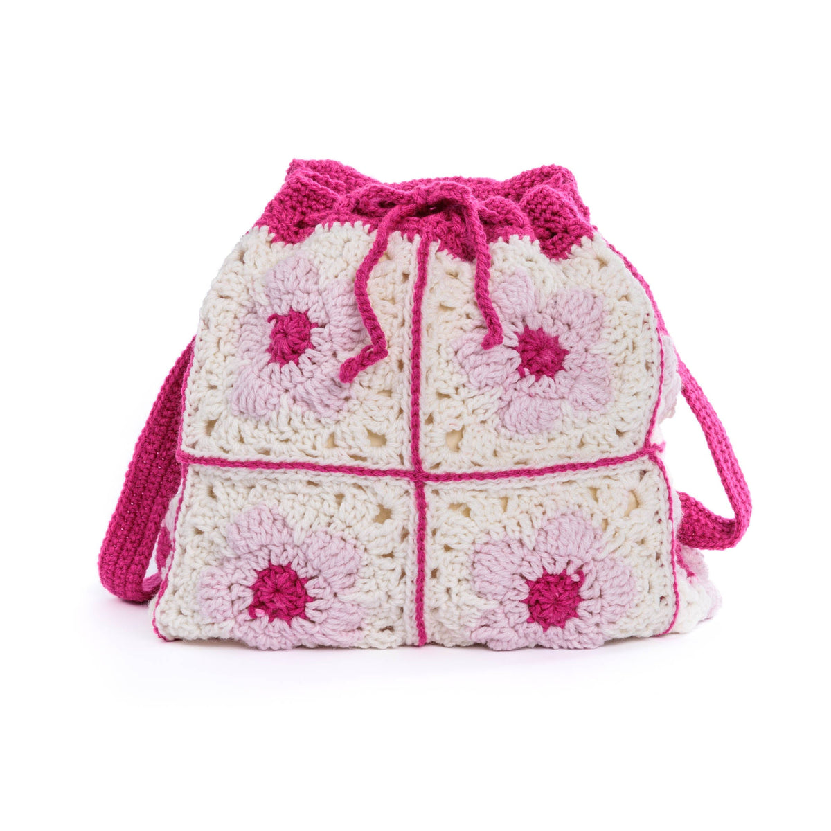 Red Heart Crochet Flower Power Backpack Pattern | slip stitch, drawstring
