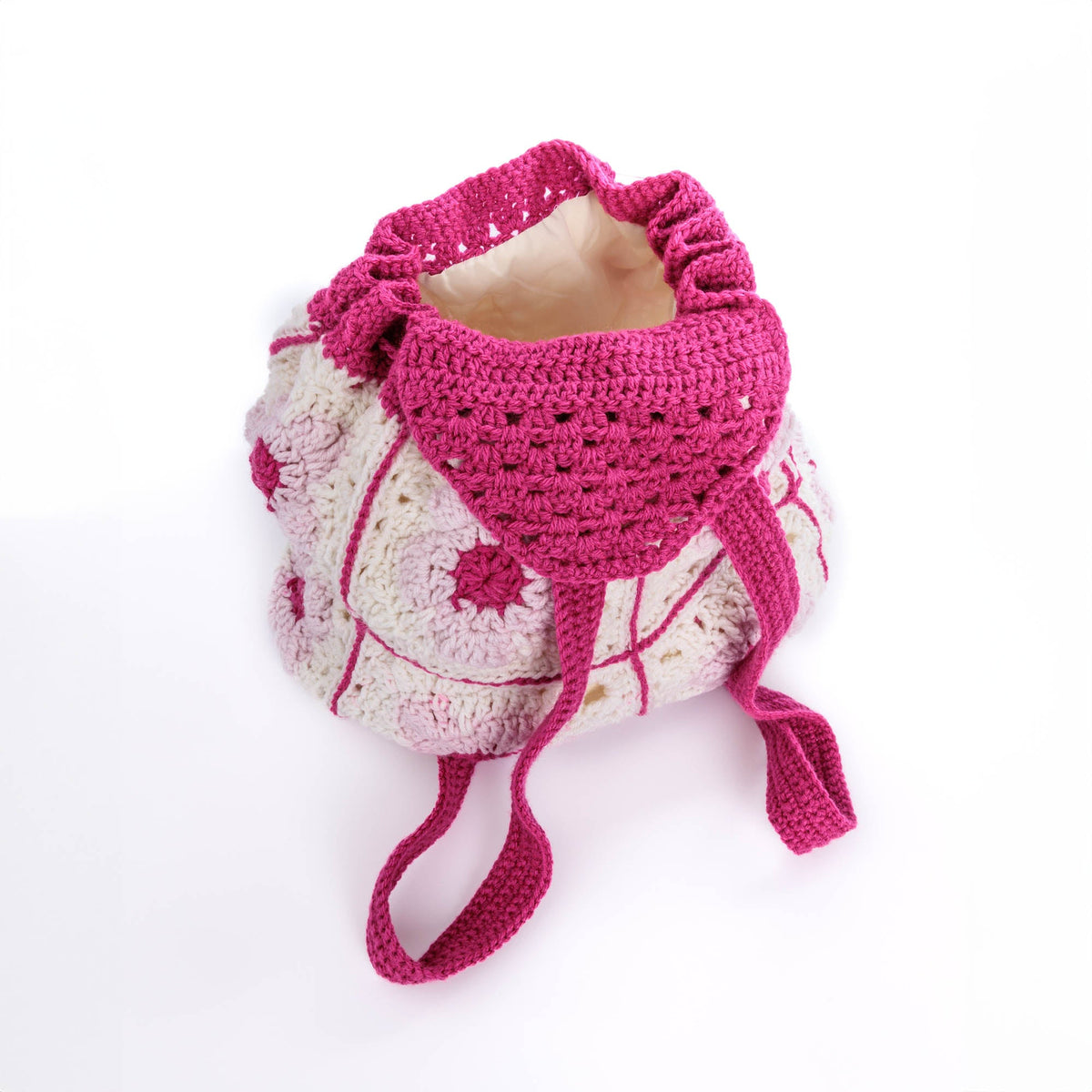 Red Heart Crochet Flower Power Backpack Pattern | slip stitch, drawstring