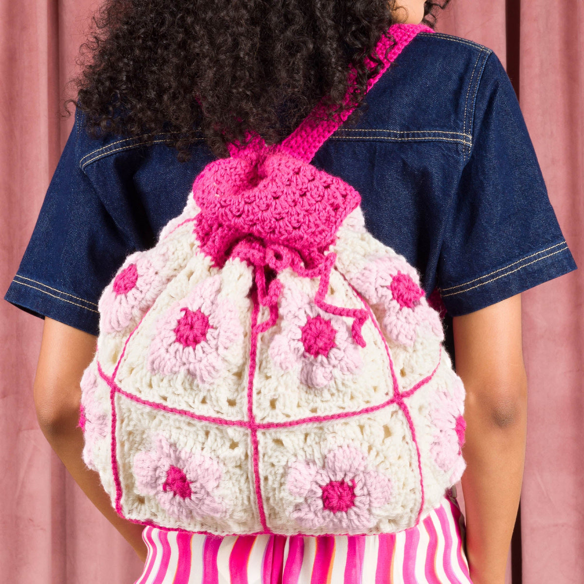 Red Heart Crochet Flower Power Backpack Pattern | slip stitch, drawstring