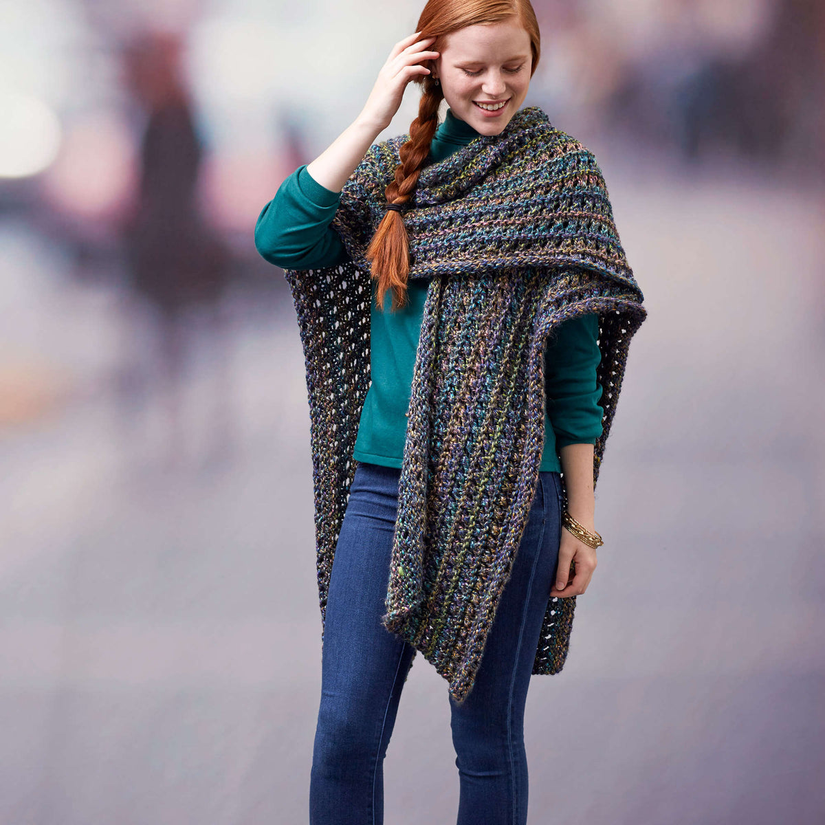 Red Heart Knit Woodland Ruana Wrap Pattern | gift, shades, bulky