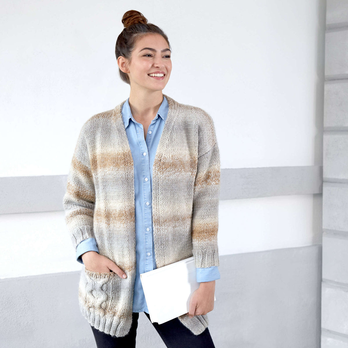 Red Heart Wandering Cables Knit Cardigan Pattern | colorwork, gift, pockets