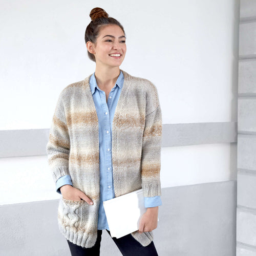 Red Heart Wandering Cables Knit Cardigan Pattern | colorwork, gift, pockets